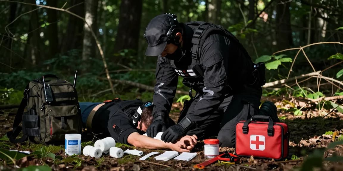 Tactical First Aid Kit being utilized by an emergency responder for on-site care in a forest environment.