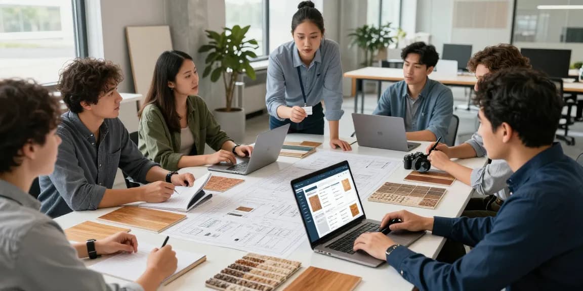 Team collaborating using flooring business software in a modern office setting.